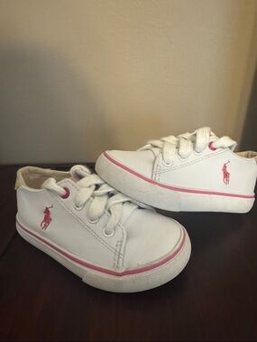 Ralph Lauren White Sneakers with Pink Polo Accent - Baby Girl 6 Kids